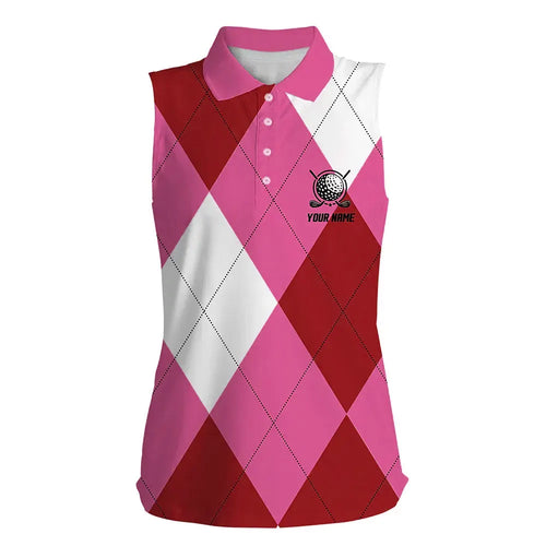 Womens sleeveless polo shirt custom pink and white golf argyle plaid pattern, personalized golf gifts NQS6455