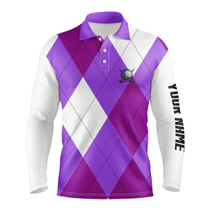 Mens golf polos shirts custom purple and white golf argyle plaid pattern, personalized golf gifts NQS6456