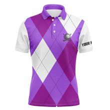 Load image into Gallery viewer, Mens golf polos shirts custom purple and white golf argyle plaid pattern, personalized golf gifts NQS6456