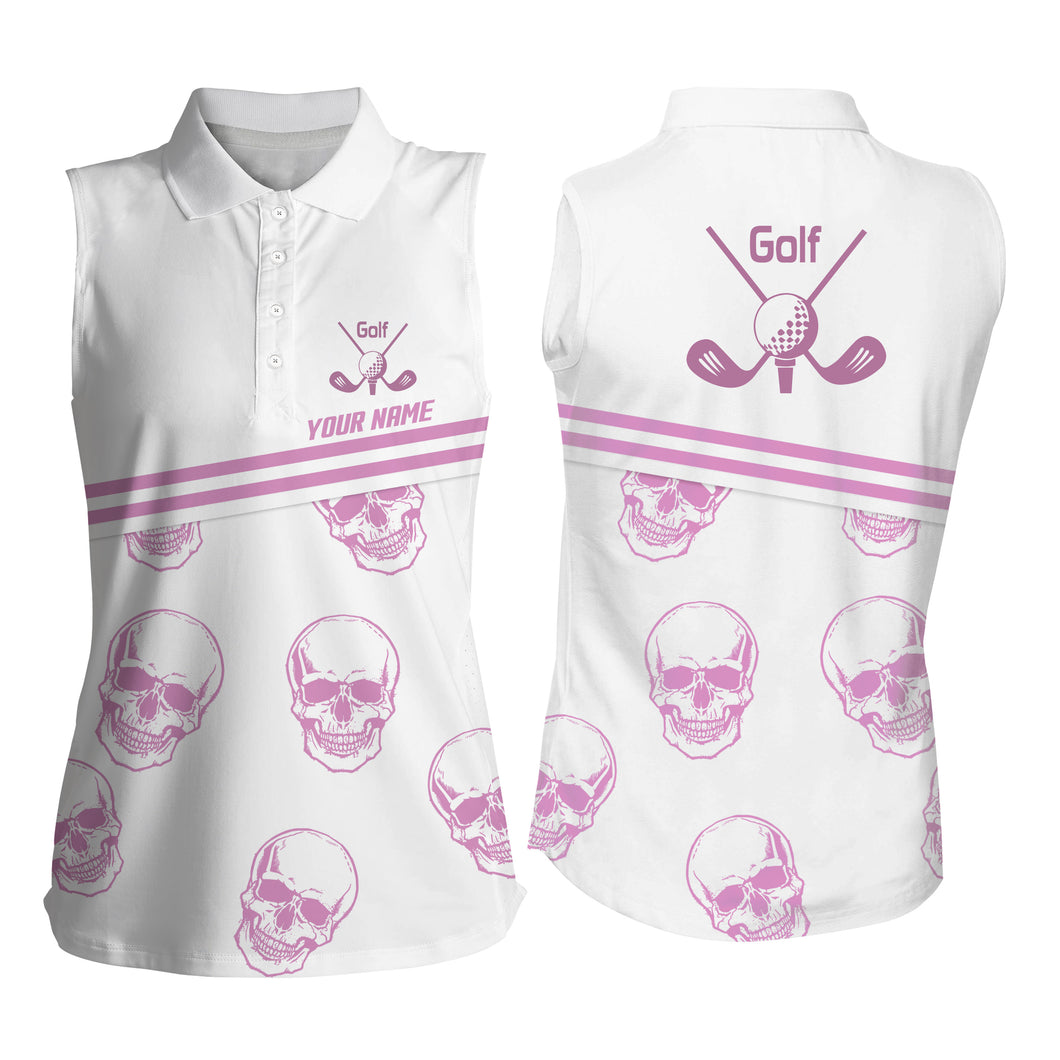 Womens sleeveless golf polo shirt custom name pink golf skull white golf shirt for women, golfing gift NQS4197