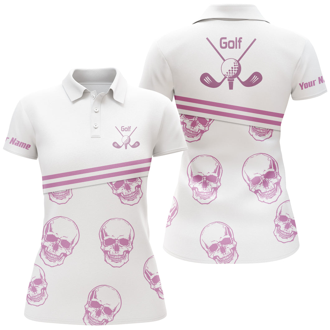 Womens golf polo shirt custom name pink golf skull pattern white golf shirt for women, golfing gifts NQS4197