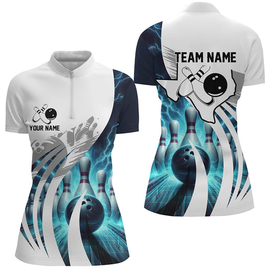 Blue lightning thunder Women Bowling Quarter Zip Shirt Custom Texas Team league Jerseys, bowling gifts NQS7074