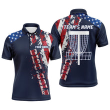 Load image into Gallery viewer, American flag patriotic Mens disc golf polo shirt custom team disc golf basket shirts | Blue Navy NQS5039
