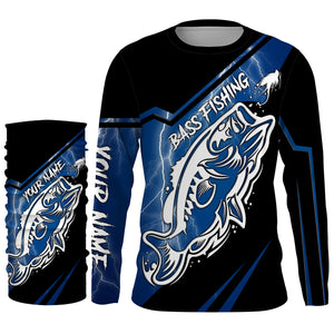 Largemouth bass fishing tattoo Custom Name UV protection Fishing Shirts, blue lightning fishing jersey NQS3514