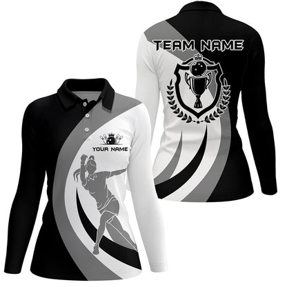 Black and white retro Bowling Polo Shirt For Women Bowling Jersey Custom Bowling League Team Shirt NQS6704
