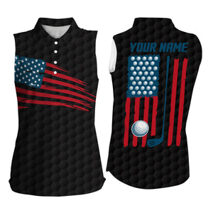 Womens Sleeveless polo shirt American flag patriotic golf shirts custom name golf gifts | Black NQS4788