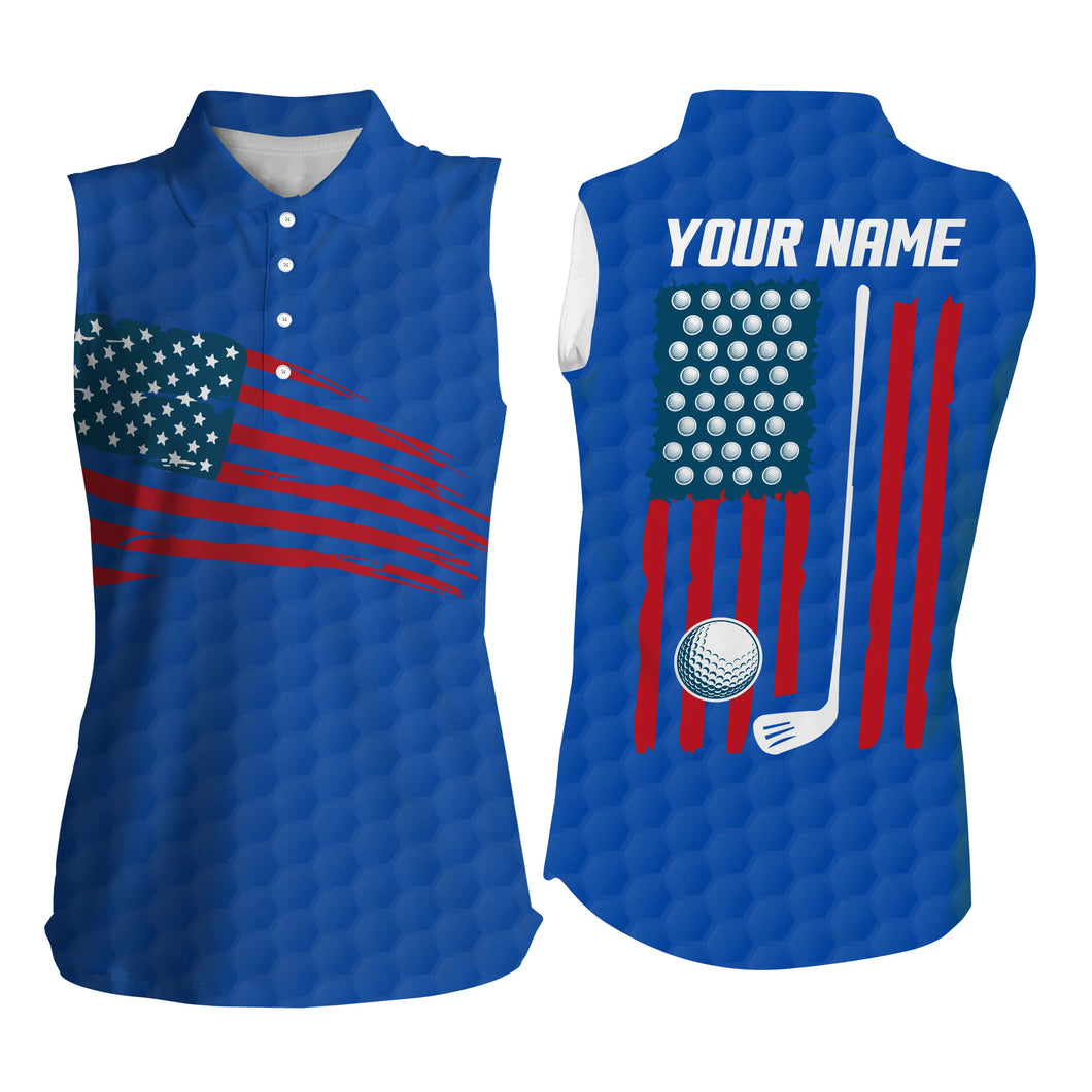 Womens Sleeveless polo shirt American flag patriotic golf shirts custom name golf gifts | Blue NQS4789