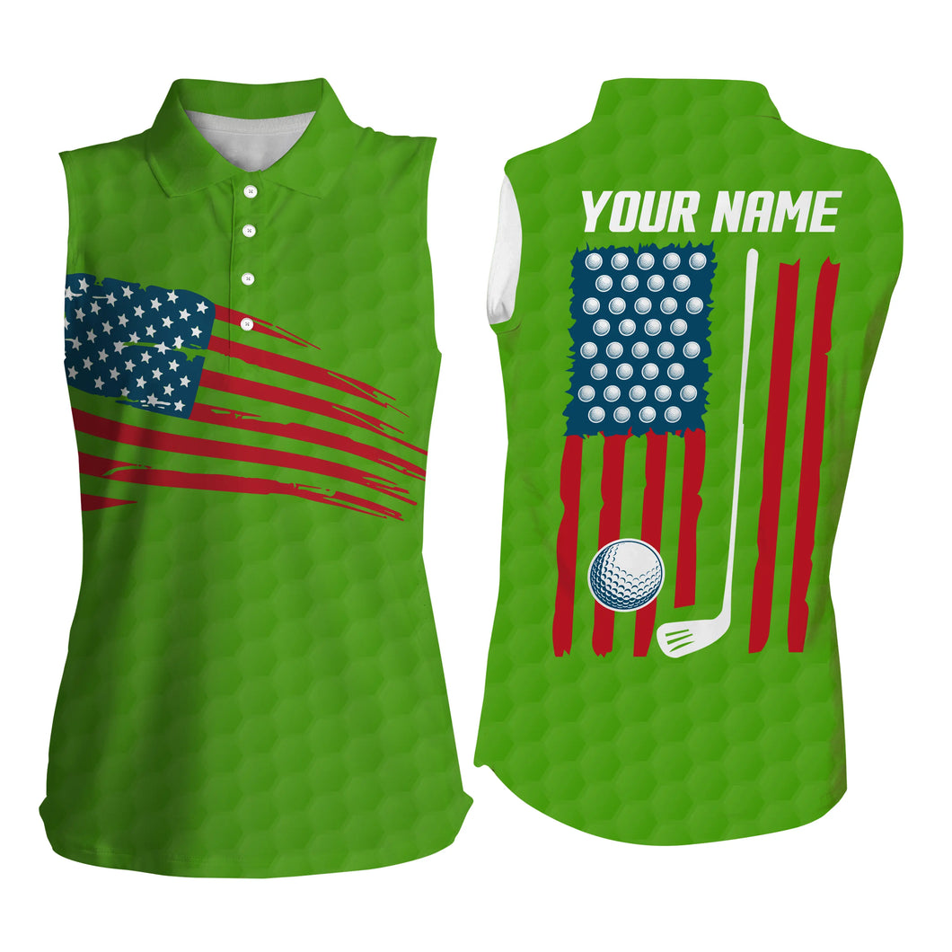 Womens Sleeveless polo shirt American flag patriotic golf shirts custom name golf gifts | Green NQS4790