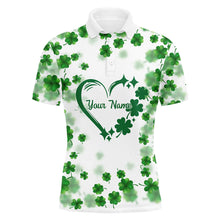 Load image into Gallery viewer, Mens golf polo shirts custom green clover heart St Patrick&#39;s Day pattern mens golf polos shirt NQS7197