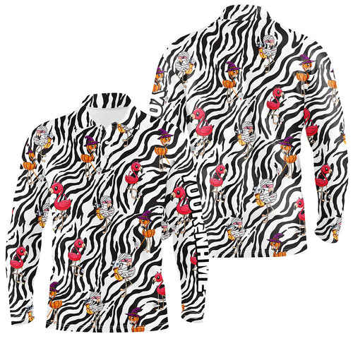 Halloween flamingo Mens golf polos shirts custom black and white zebra pattern golf tees for mens NQS6465