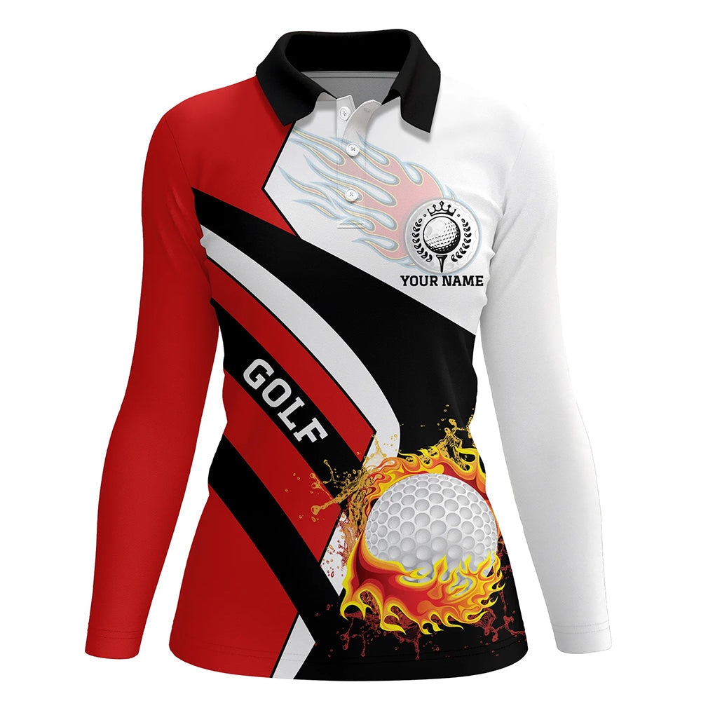 Womens golf polo shirts custom Red white, black flame golf fire team jerseys, golf outfits for ladies NQS6712