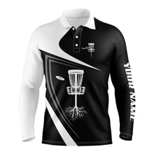 Load image into Gallery viewer, Mens disc golf polo shirt custom name black and white disc golf basket, personalized disc golf shirts NQS4426