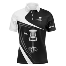 Load image into Gallery viewer, Mens disc golf polo shirt custom name black and white disc golf basket, personalized disc golf shirts NQS4426