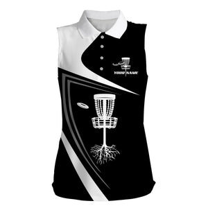 Womens disc golf sleeveless polo shirt custom name black white disc golf basket NQS4426