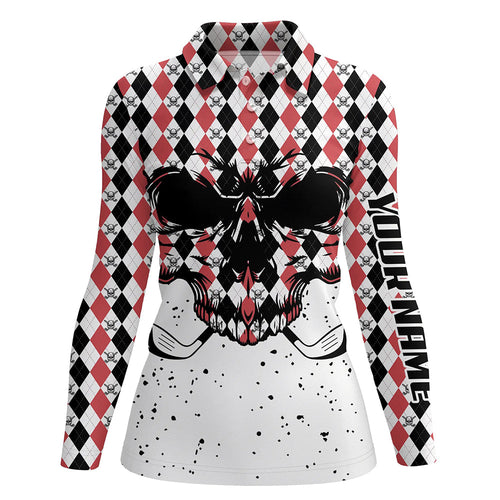 Black Red agryle pattern Womens golf polo shirts custom Golf skull clubs golf attire for women NQS6909