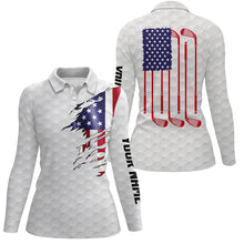 Load image into Gallery viewer, Womens golf polo shirt white golf ball American flag patriotic golf clubs custom name golfing gifts NQS7076