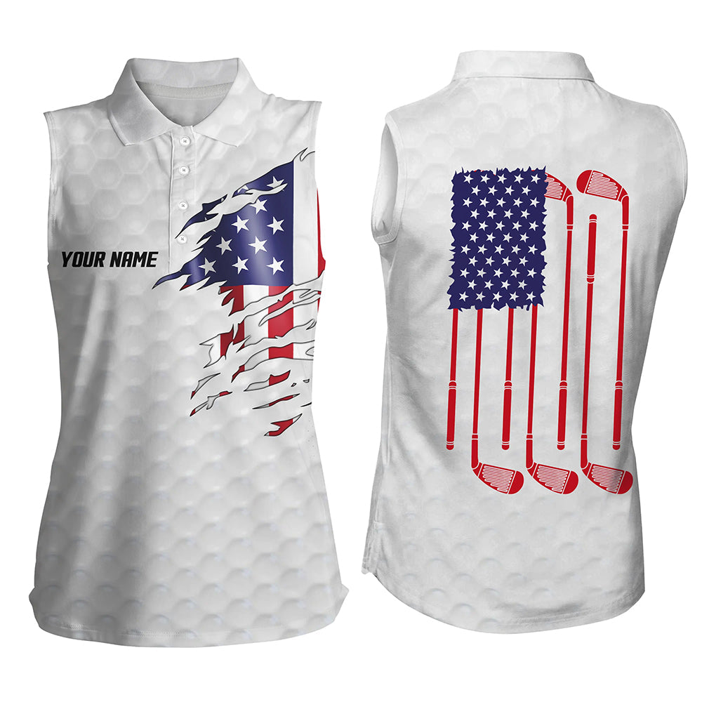 Womens sleeveless golf polo shirt white golf ball American flag patriotic golf clubs custom golf gifts NQS7076