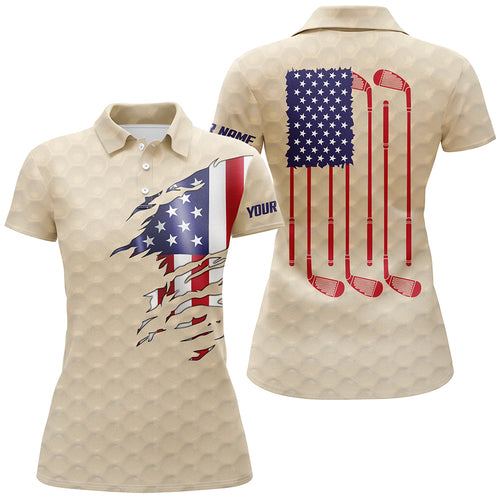 Womens golf polo shirt beige golf ball American flag patriotic golf clubs custom name golfing gifts NQS7077