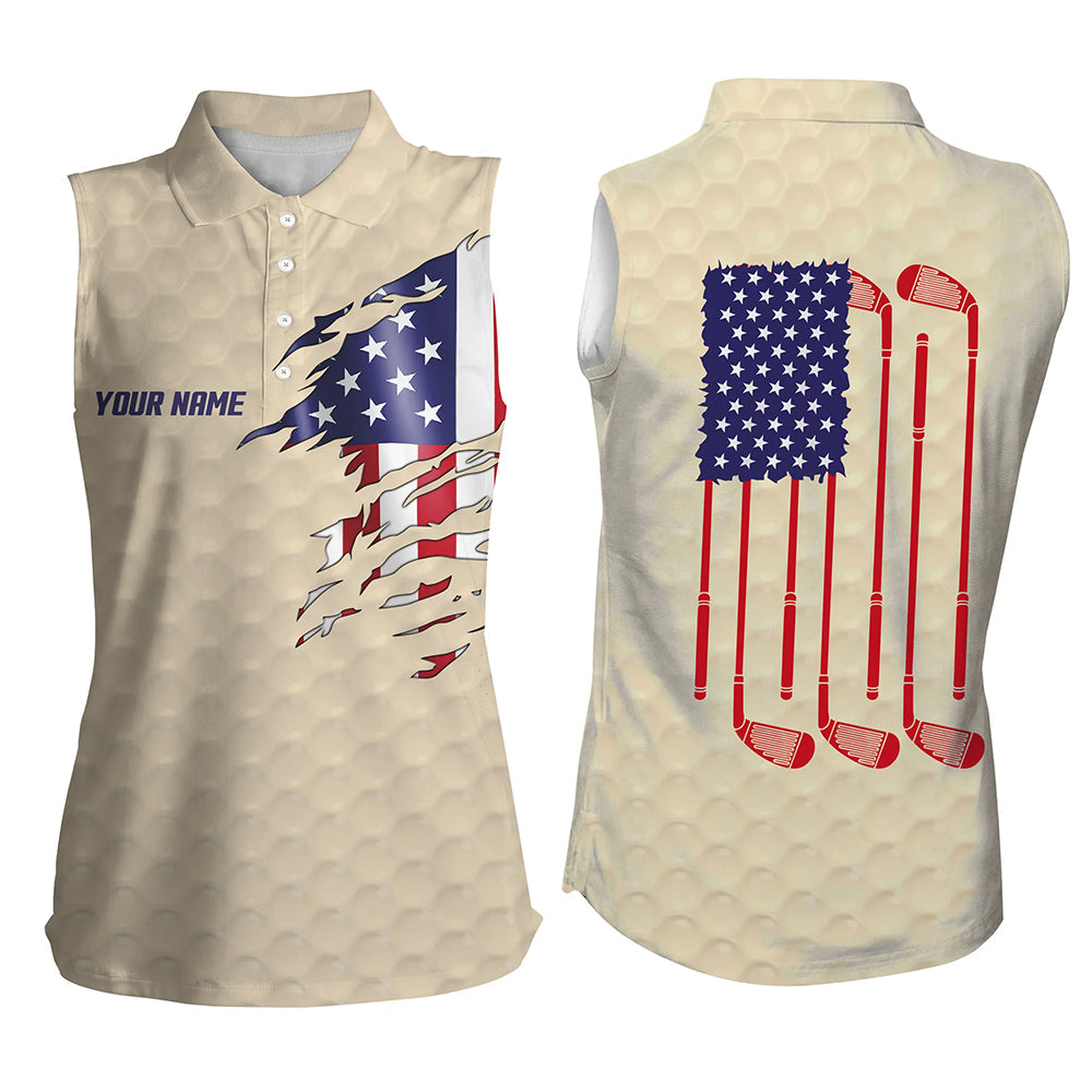 Womens sleeveless golf polo shirt beige golf ball American flag patriotic golf clubs custom golf gifts NQS7077