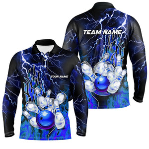 Men Bowling Polo Shirt Custom blue lightning thunder Bowling Team Jersey, gift for team Bowlers NQS7078