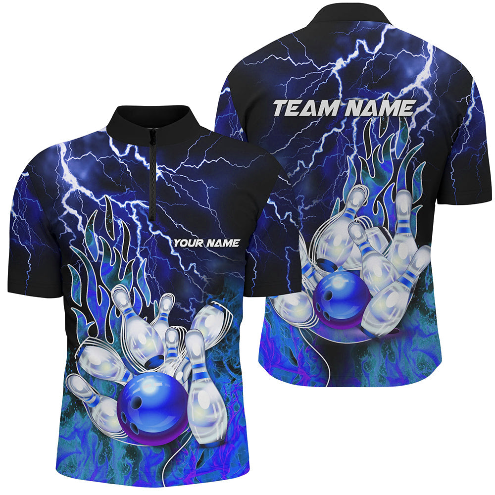 Men Bowling Quarter Zip Shirt Custom blue lightning thunder Bowling Team Jersey, gift for Bowlers NQS7078