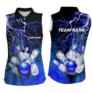 Women Bowling sleeveless Polos Custom blue lightning thunder Bowling Team Jersey, gift for Bowlers NQS7078