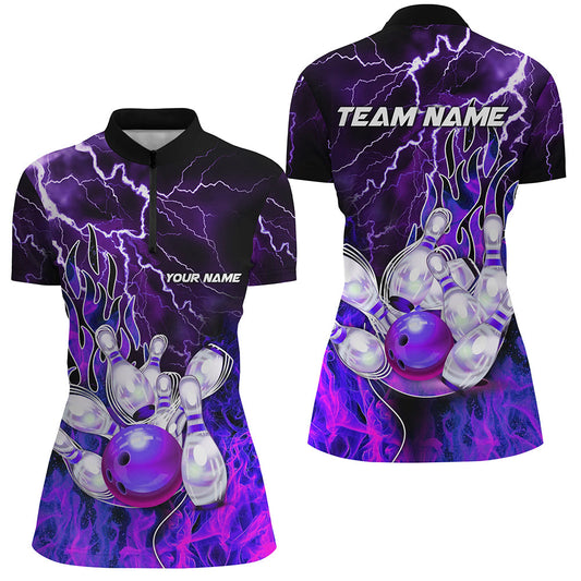 Women Bowling Quarter Zip Shirt Custom purple lightning thunder Bowling Team Jersey, gift for Bowlers NQS7079