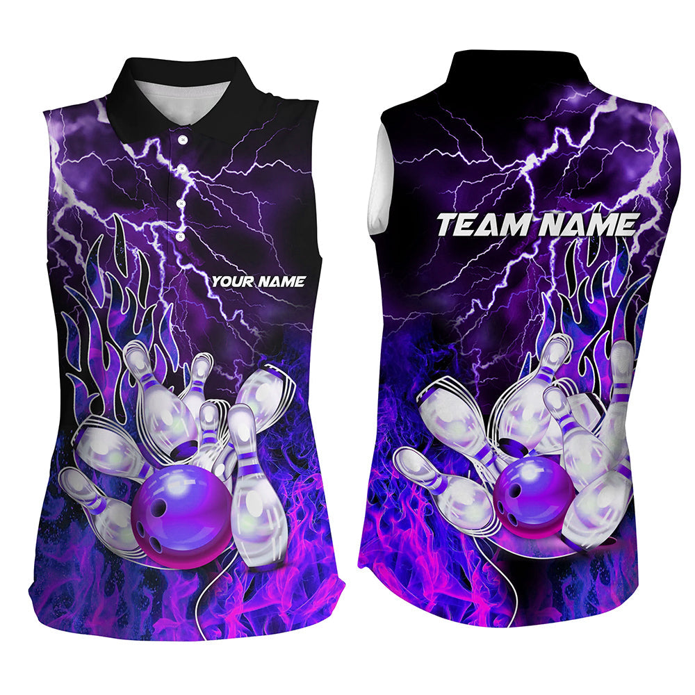 Women Bowling sleeveless Polos Custom purple lightning thunder Bowling Team Jersey, gift for Bowlers NQS7079