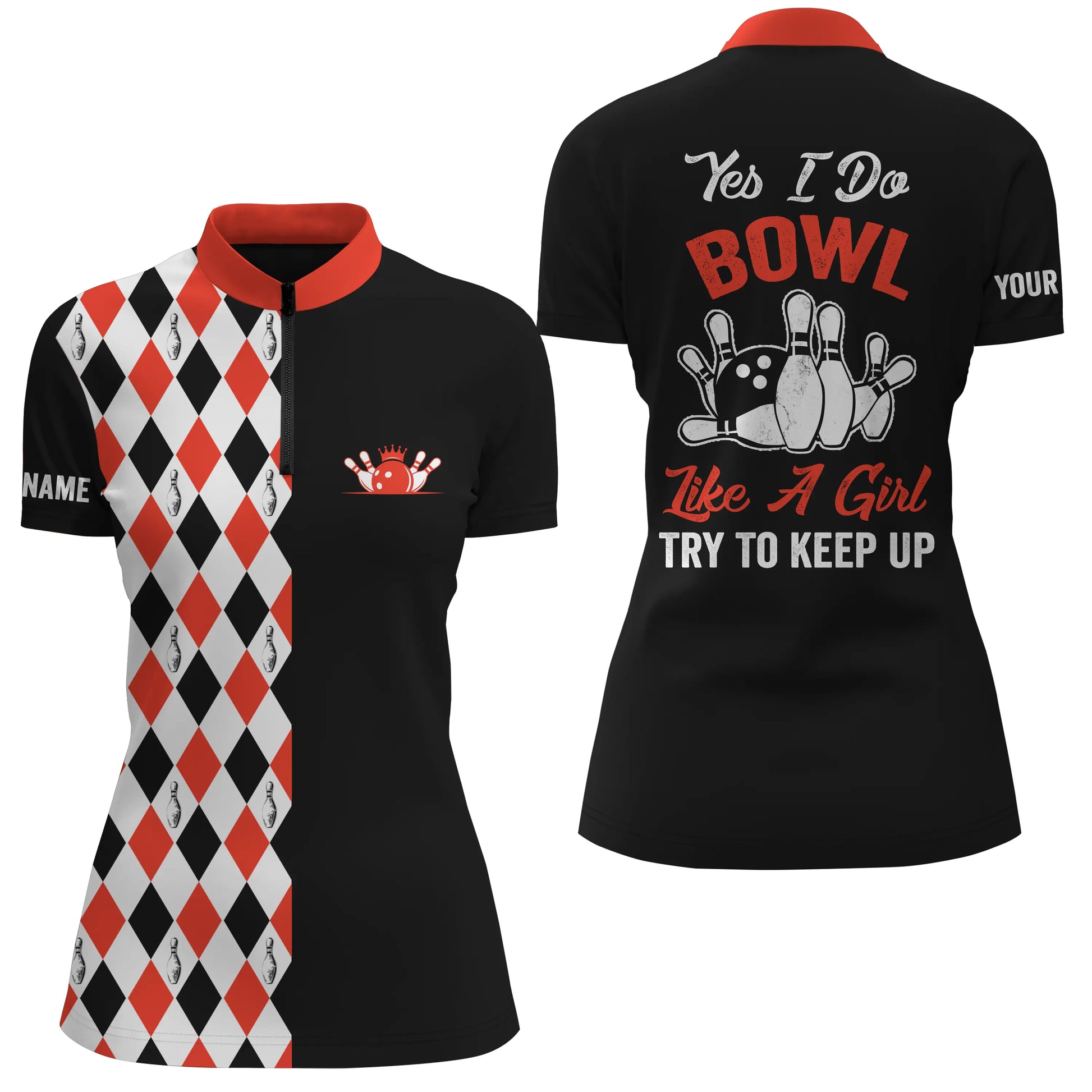 Custom Black Red bowling shirt for women – personalized team jersey front view