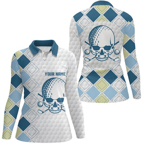 White golf ball skull Womens golf polos shirts custom blue argyle pattern golf tops for ladies NQS7203