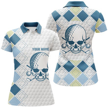 Load image into Gallery viewer, White golf ball skull Womens golf polos shirts custom blue argyle pattern golf tops for ladies NQS7203