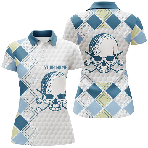 White golf ball skull Womens golf polos shirts custom blue argyle pattern golf tops for ladies NQS7203