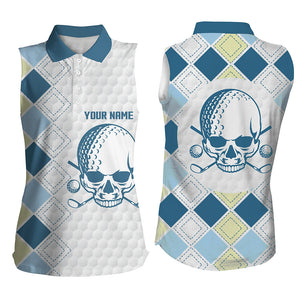 White golf ball skull Womens Sleeveless golf polos shirts custom blue argyle pattern ladies golf tops NQS7203