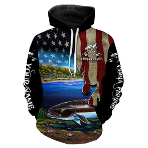 Cobia Fishing 3D American Flag Patriotic Customize name All over print fishing shirts NQS518
