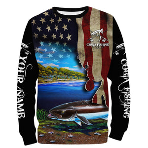 Cobia Fishing 3D American Flag Patriotic Customize name All over print fishing shirts NQS518