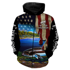 Cobia Fishing 3D American Flag Patriotic Customize name All over print fishing shirts NQS518