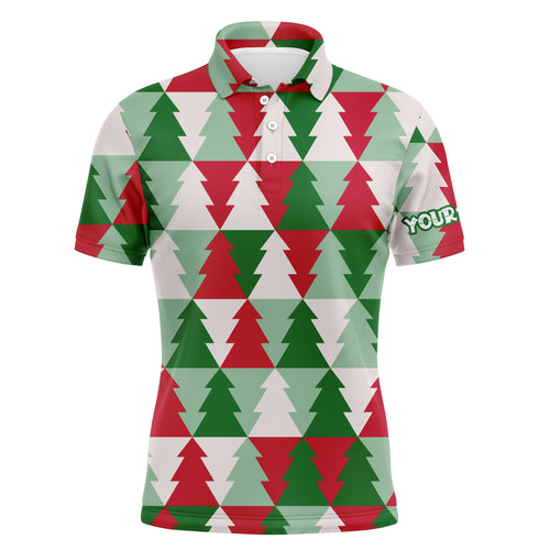 Mens golf polo shirts custom name Christmas tree pattern, Christmas golf gift for men NQS4439