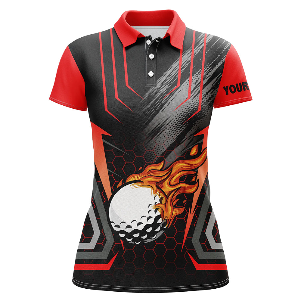 Black and red golf ball fire Womens golf polo shirt custom name golfing gifts, ladies golf tops NQS7087