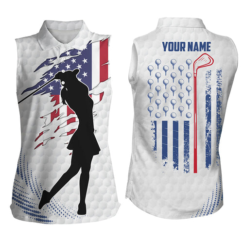 White golf ball Womens Sleeveless golf polos shirts custom American flag patriot golf tops for ladies NQS7209