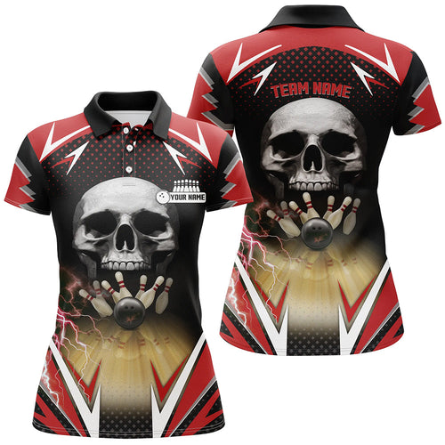 Red and black Bowling skull polo shirts for womens custom Bowling ball pins Team League Jerseys NQS6251