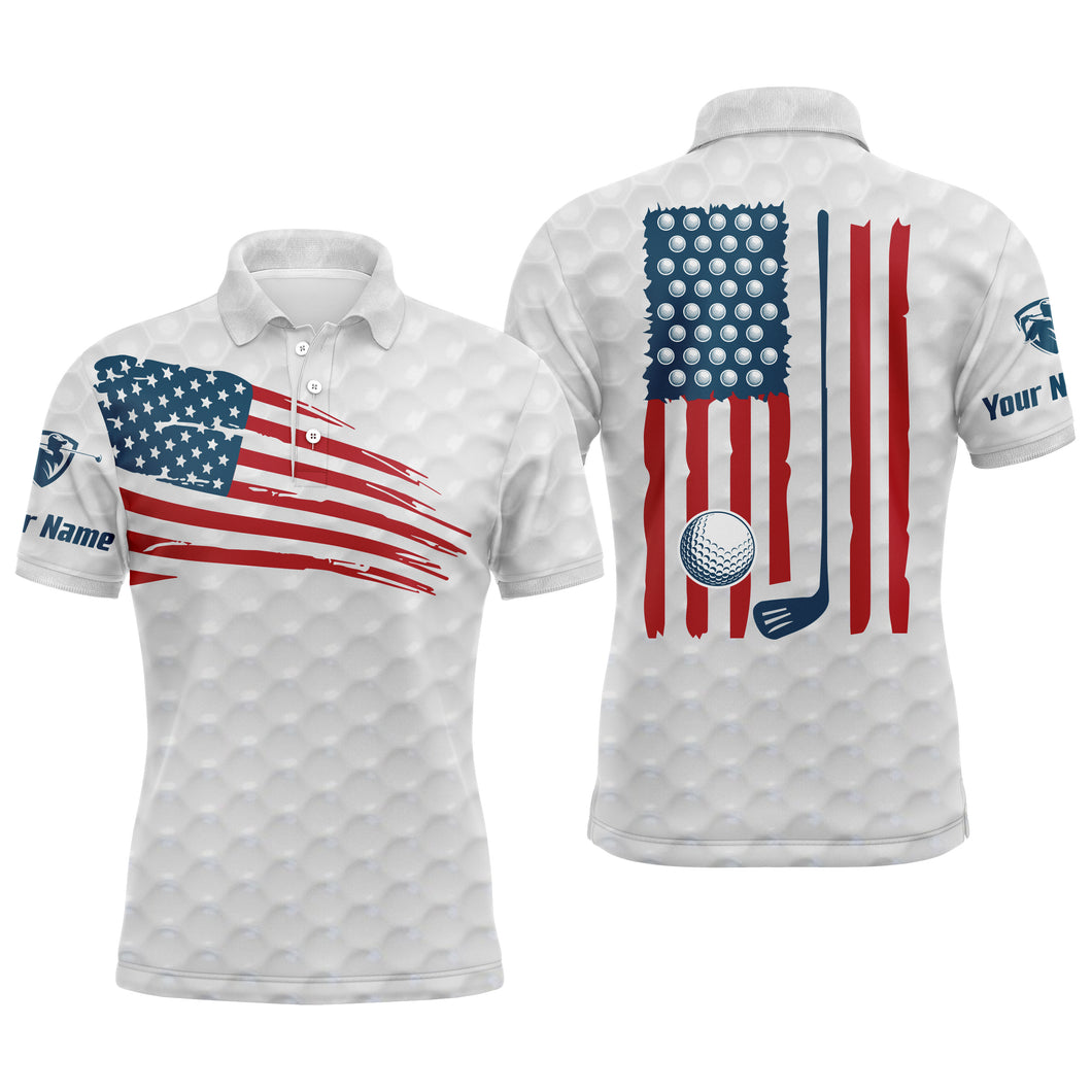 Mens golf polo shirt American flag patriotic golf shirts custom name golf gifts for men | White NQS4002