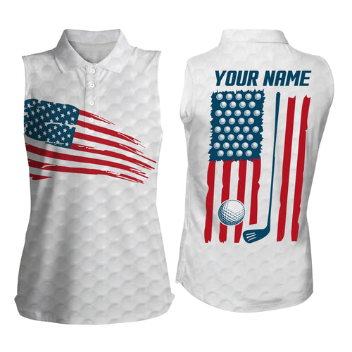 Womens Sleeveless polo shirt American flag patriotic golf shirts custom name golf gifts | White NQS4002