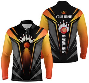 Custom bowling shirts for men bowling ball and pins team shirt, black orange bowl shirts NQS4458