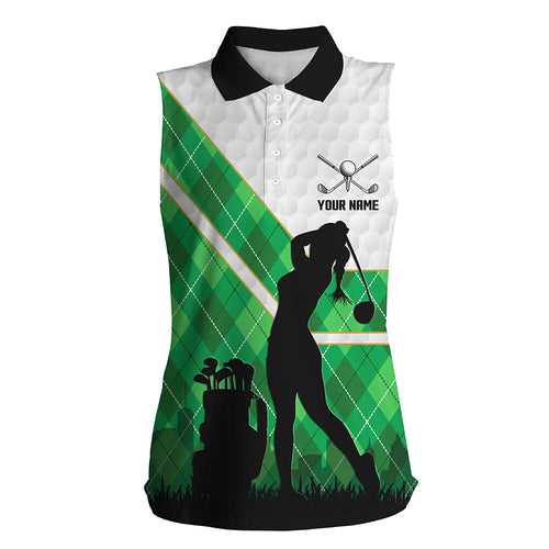 Green argyle pattern white golf ball Womens sleeveless golf polo shirt custom ladies golf tops NQS7090