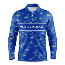 Load image into Gallery viewer, Mens golf polo shirts custom name Golf Course pattern tournament golf polo shirts for men | Blue NQS5082