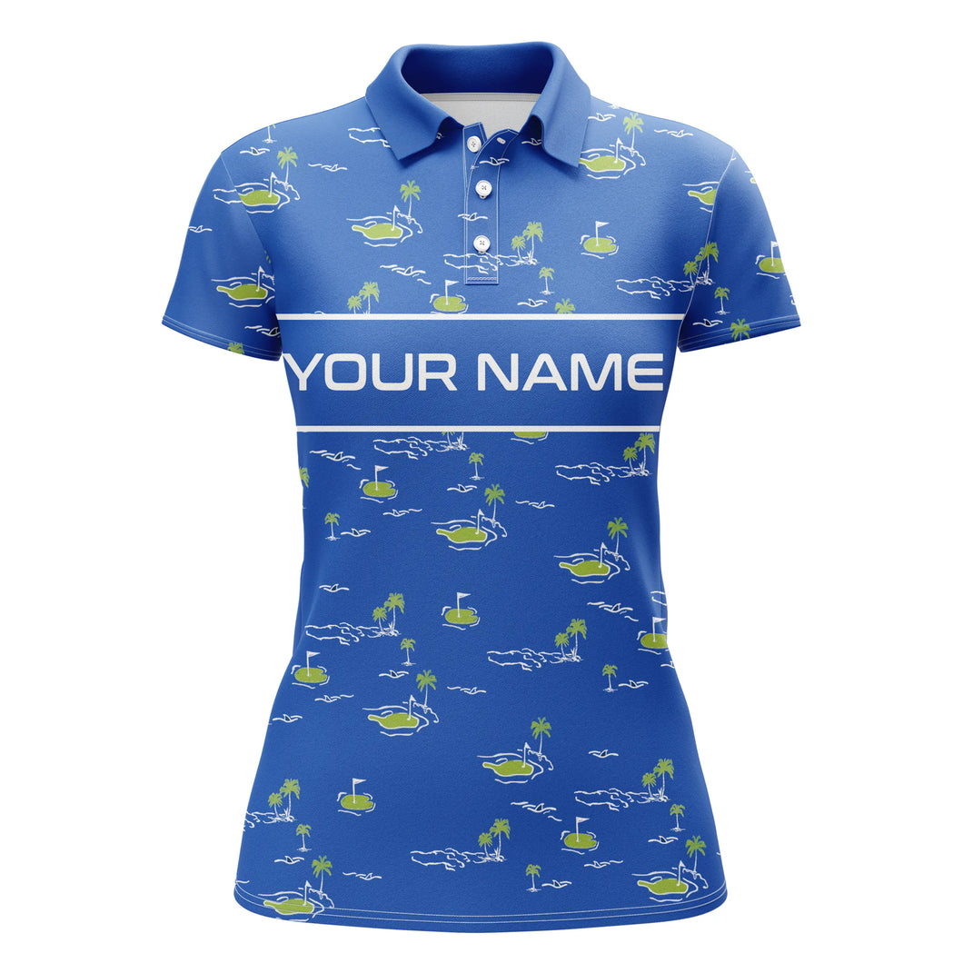 Womens golf polo shirts custom name Golf Course pattern tournament golf polo shirts for women | Blue NQS5082