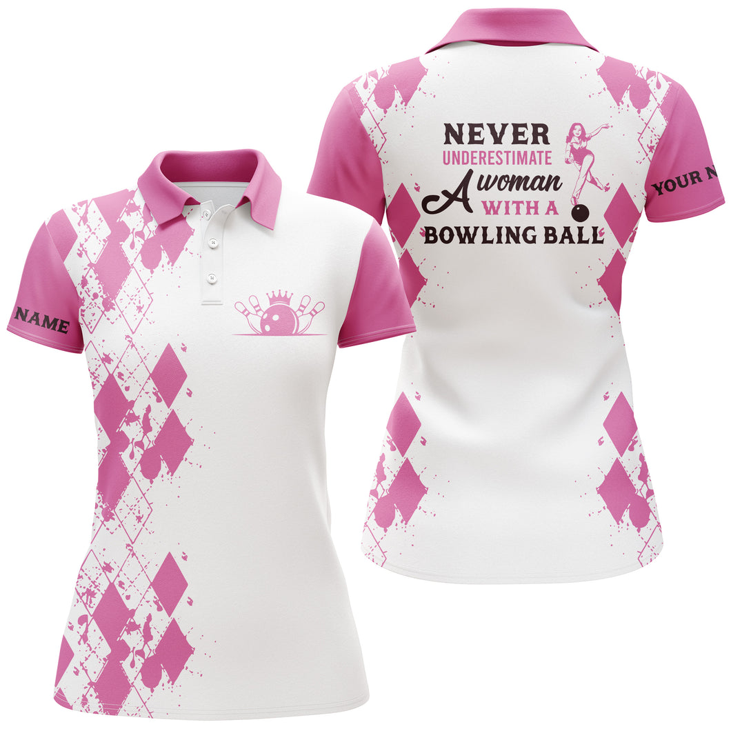 Womens bowling shirts custom name never underestimate a woman with a bowling ball, bowling polo shirts NQS4462