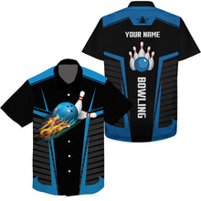 Load image into Gallery viewer, Customize Hawaiian bowling shirts with flame bowling balls and pins black blue bowling shirts for men NQS4464
