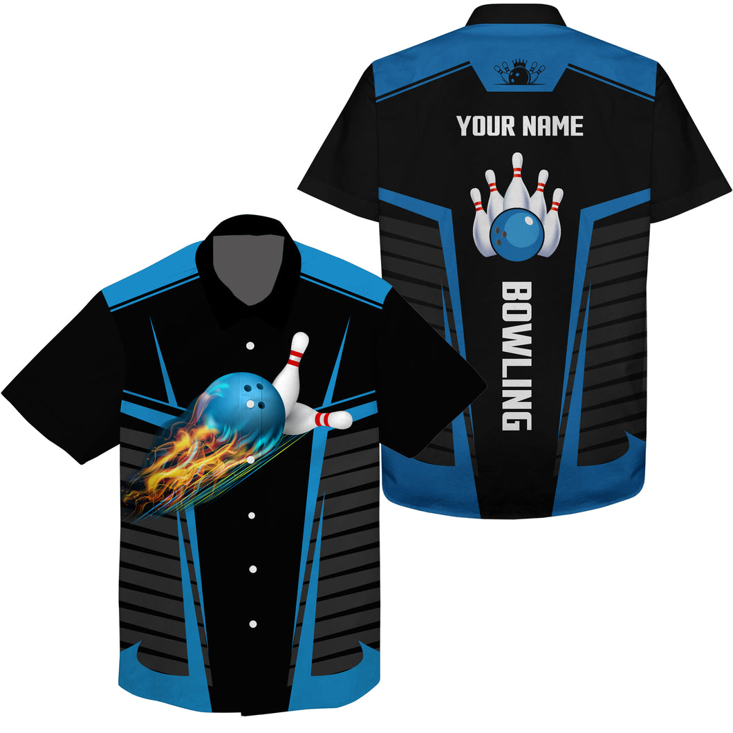 Customize Hawaiian bowling shirts with flame bowling balls and pins black blue bowling shirts for men NQS4464