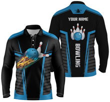 Load image into Gallery viewer, Customize bowling shirts for men with flame bowling balls and pins black blue bowling jerseys NQS4464